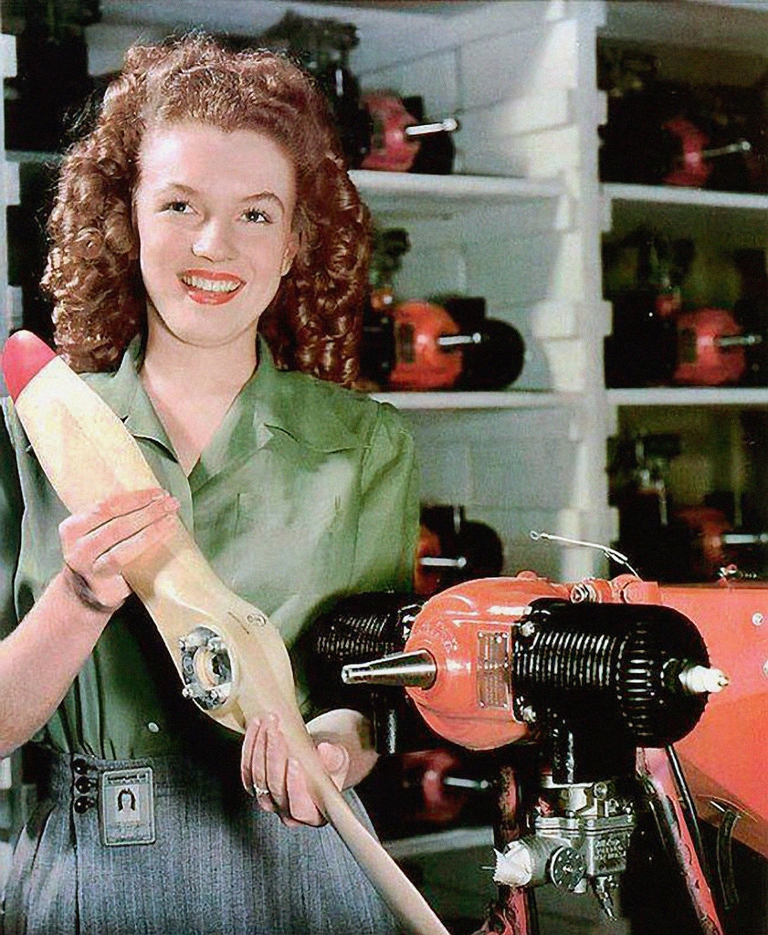 Norma Jean Dougherty, later known as Marilyn Monroe, was first photographed at age 19 holding the propeller of a Radioplane RP-5 drone.